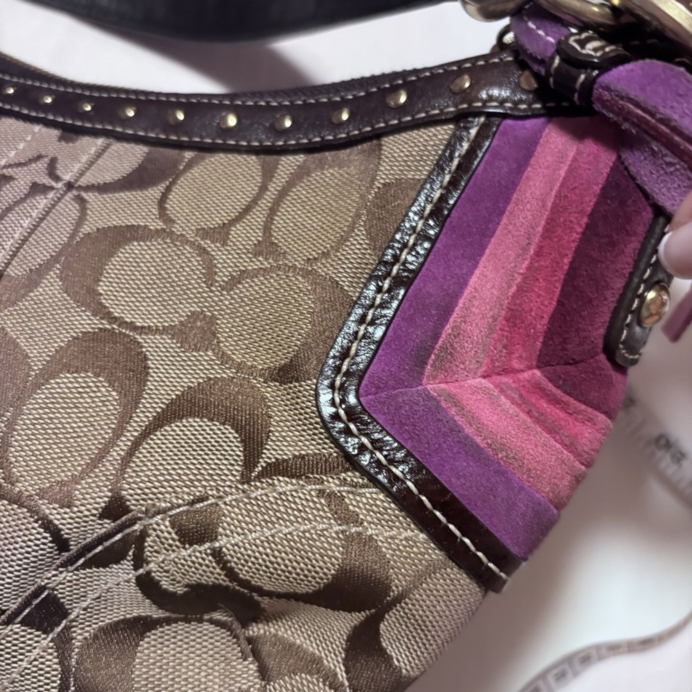 Vintage Coach Signature Jacquard Hobo Shoulder Bag Y2K Studded Brown Purple - Picture 5 of 10